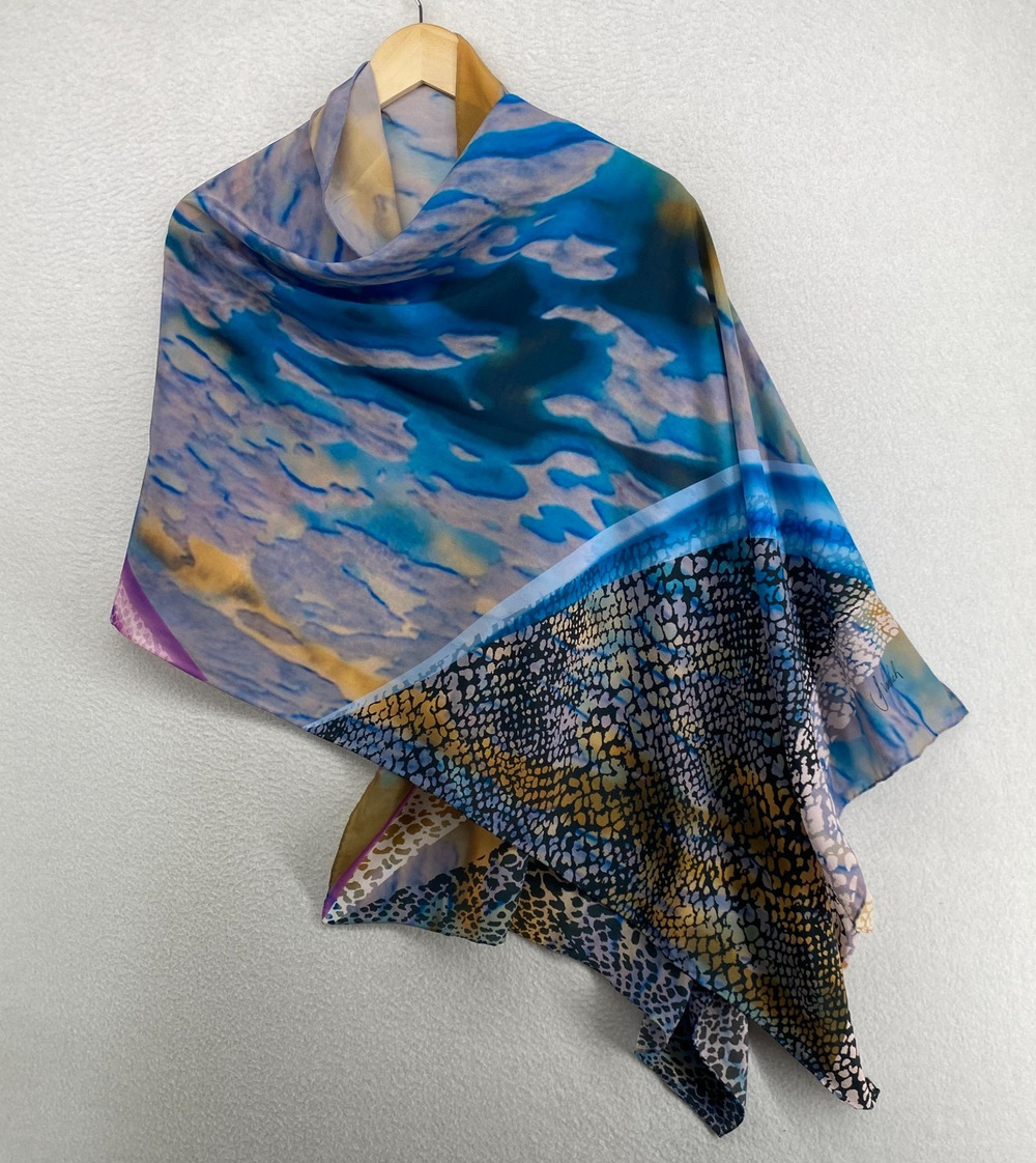 J. VANSUCH Scarf Silk Hand Rolled Abstract Print Shawl Wrap Blue 24" x 78"